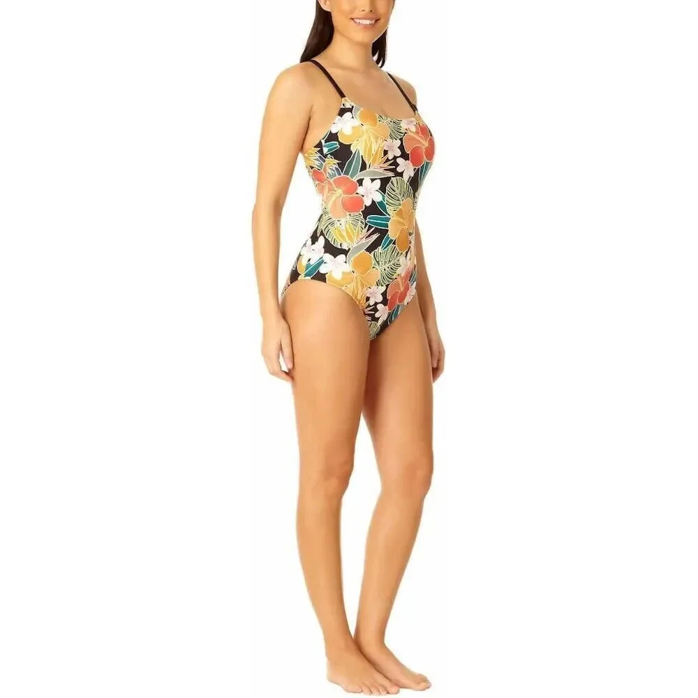 💐 NEW Hurley L One Piece Swimsuit Tropical Floral Coral Teal Gold Black NWT - Picture 2 of 13